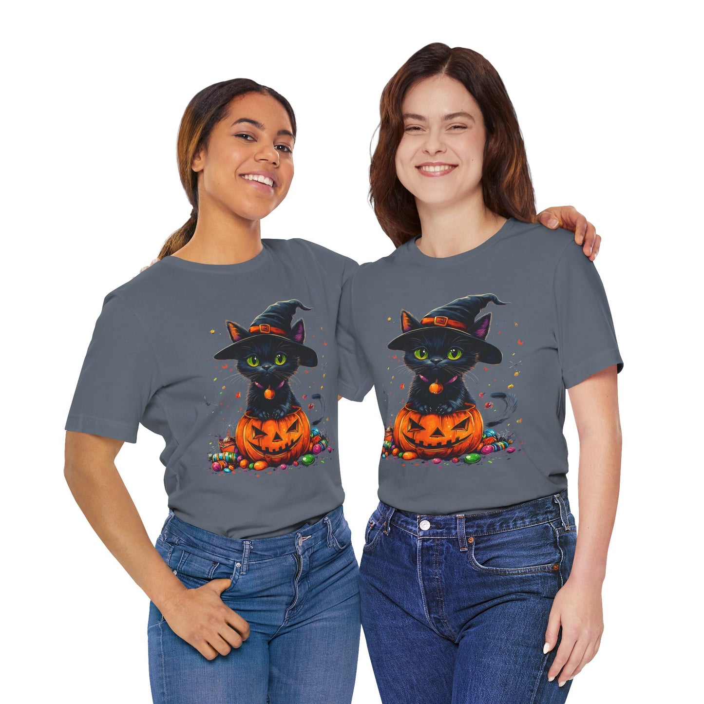 Unisex Short Sleeve 100% Cotton High Definition T-Shirt - Halloween Cat in Pumpkin