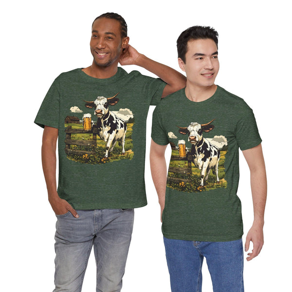 Unisex Jersey Short Sleeve Tee - Cow Sipping Beer on the Farm