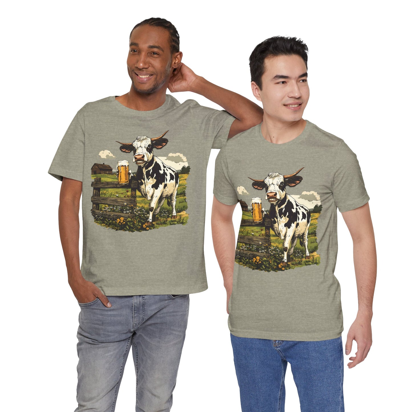 Unisex Jersey Short Sleeve Tee - Cow Sipping Beer on the Farm