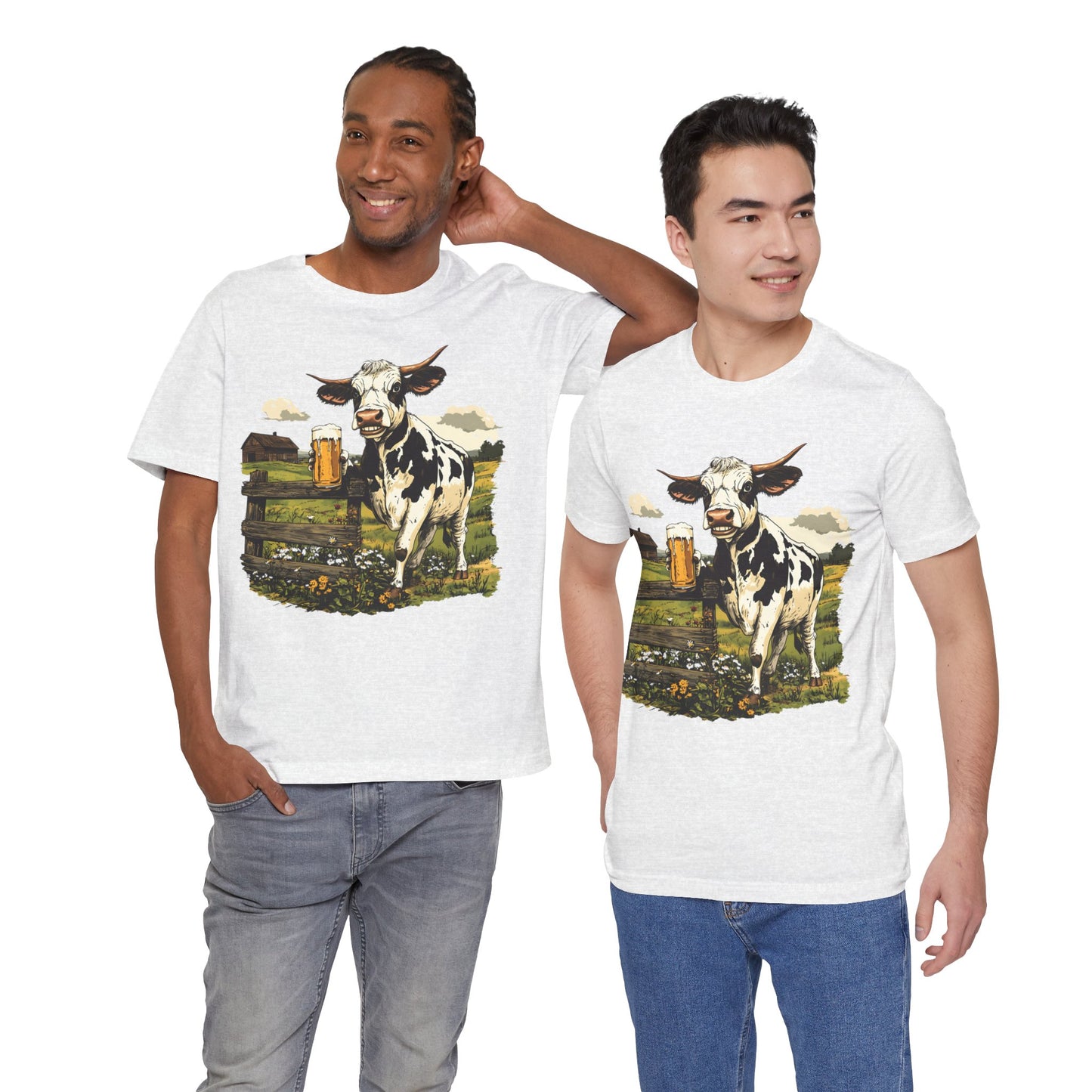 Unisex Jersey Short Sleeve Tee - Cow Sipping Beer on the Farm