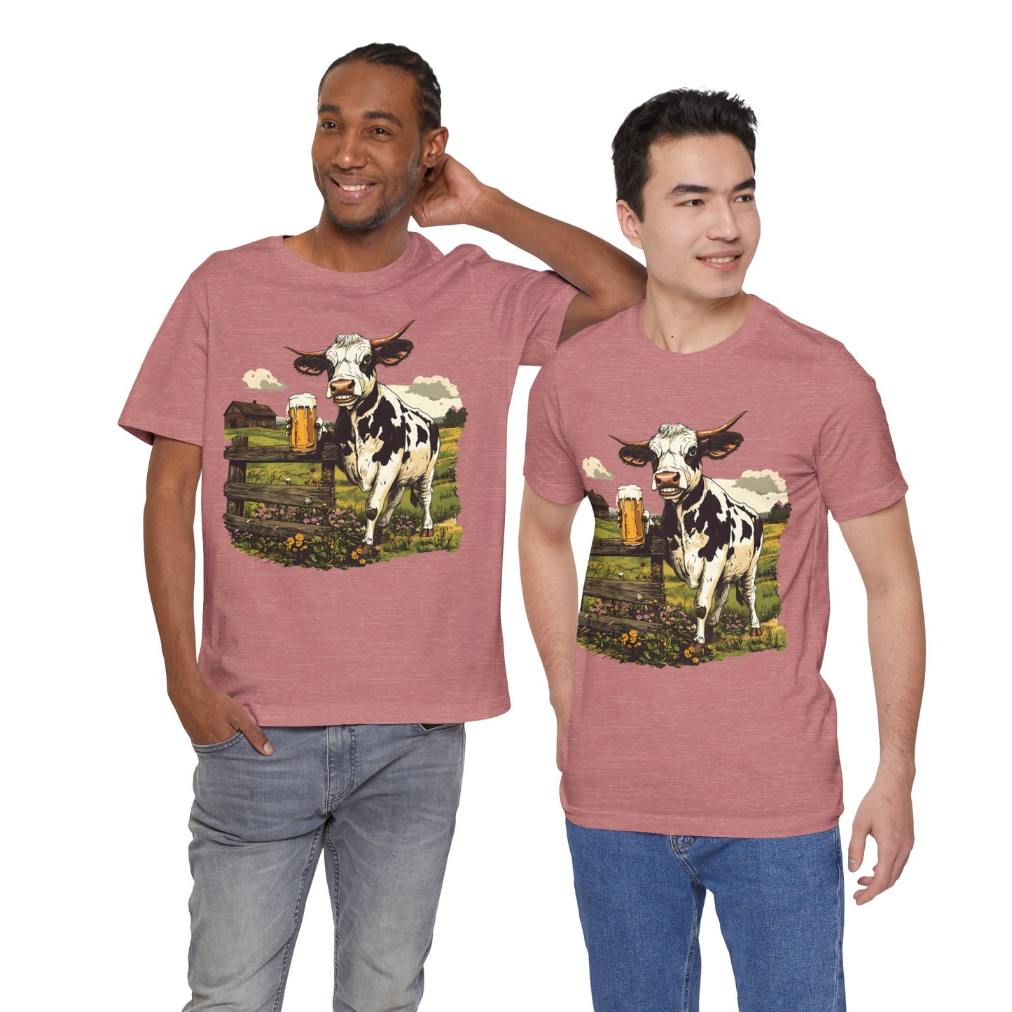 Unisex Jersey Short Sleeve Tee - Cow Sipping Beer on the Farm