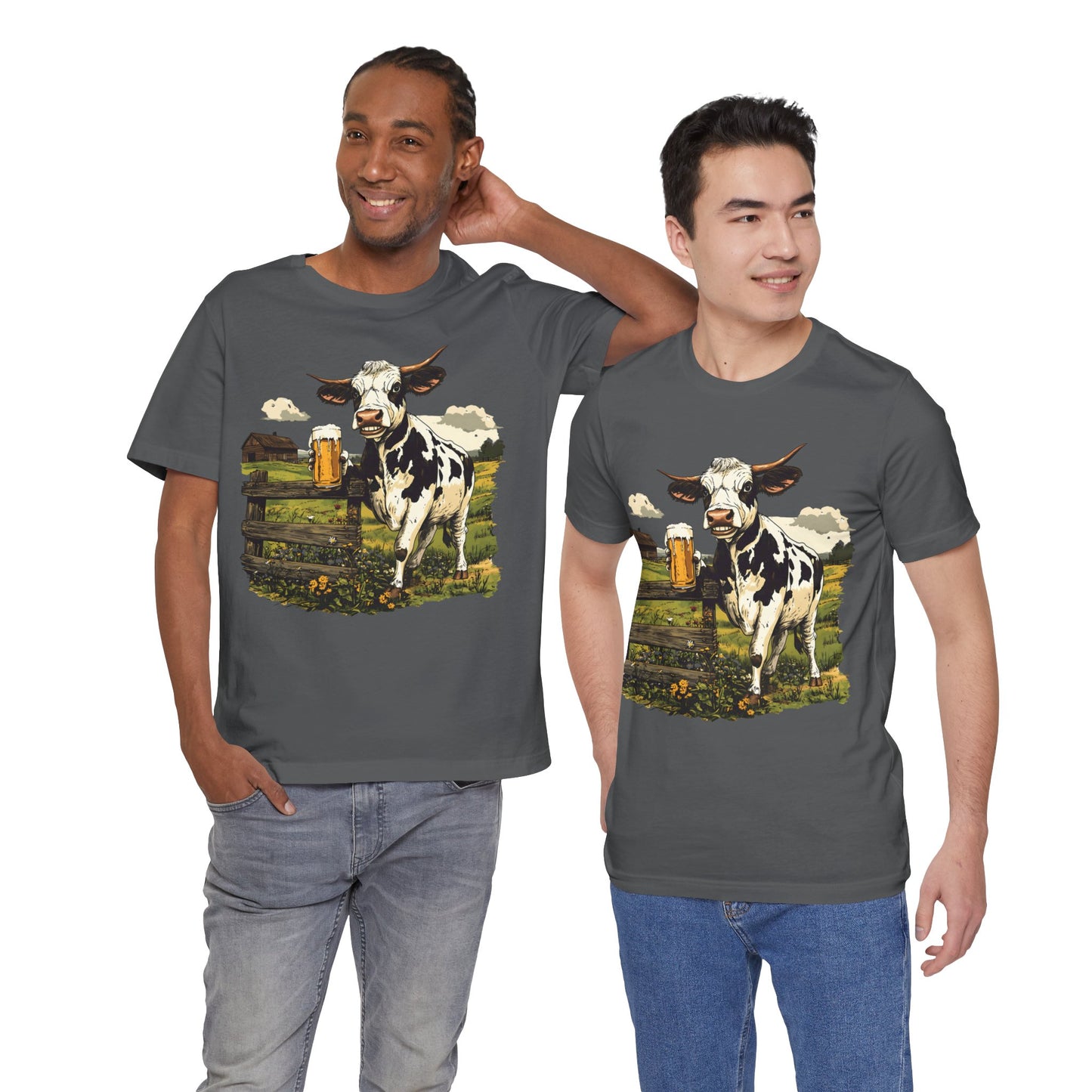 Unisex Jersey Short Sleeve Tee - Cow Sipping Beer on the Farm