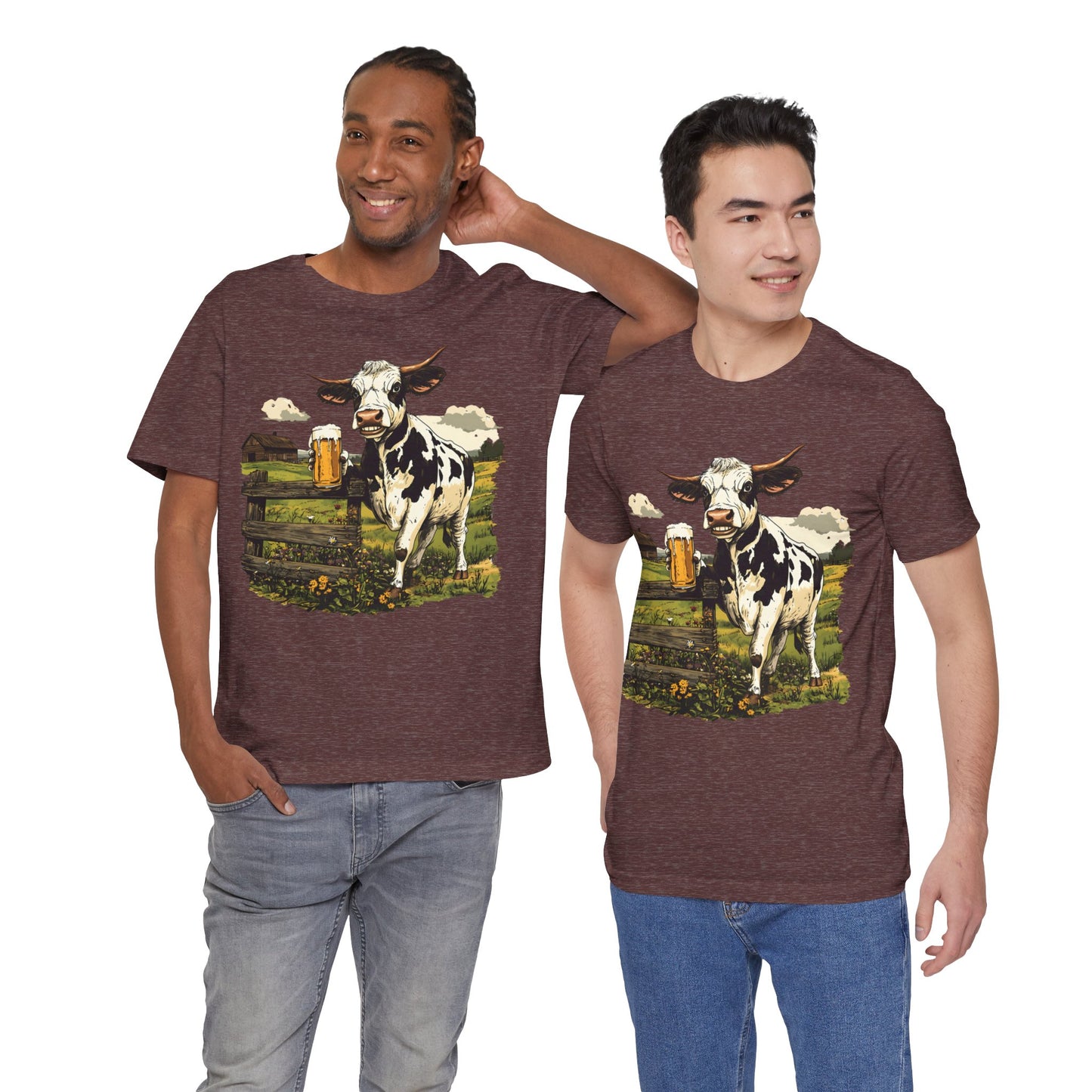 Unisex Jersey Short Sleeve Tee - Cow Sipping Beer on the Farm