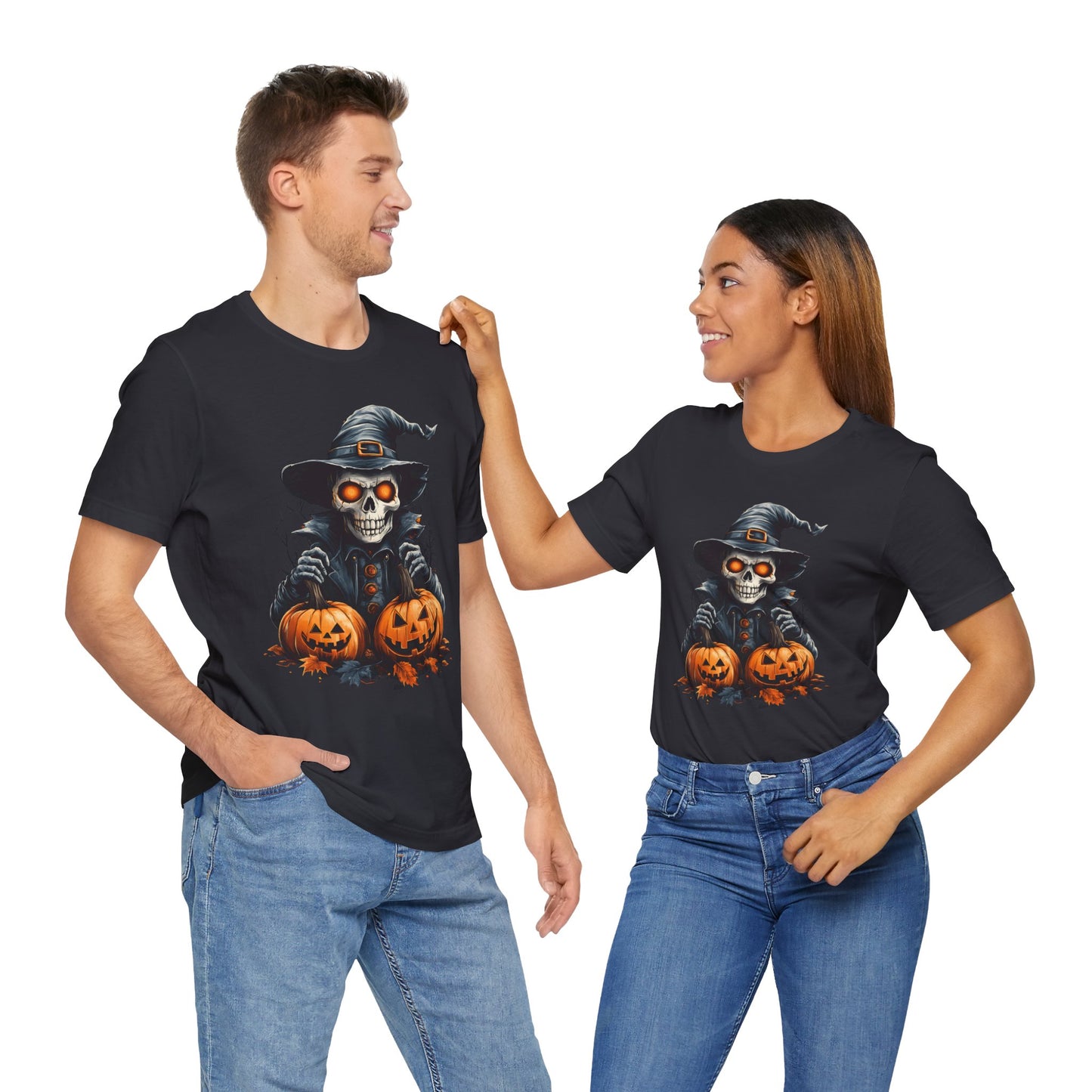 Unisex 100% Cotton High Definition T-Shirt - Halloween Skull With Pumpkins