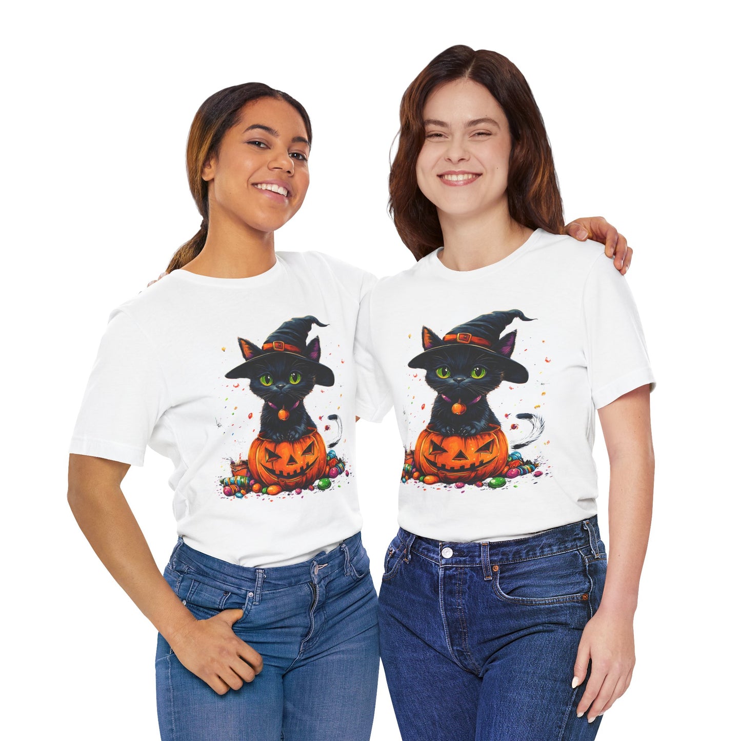 Unisex Short Sleeve 100% Cotton High Definition T-Shirt - Halloween Cat in Pumpkin