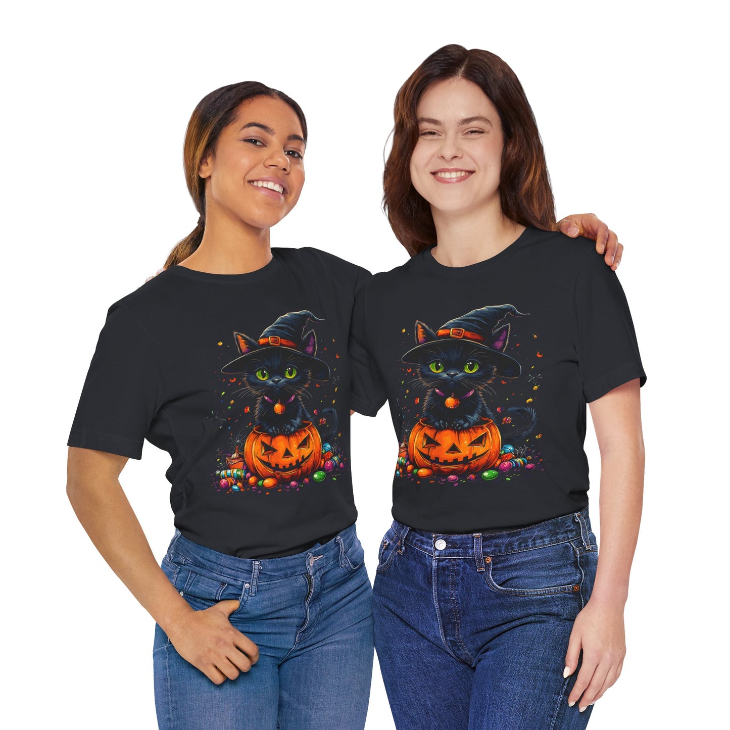 Unisex Short Sleeve 100% Cotton High Definition T-Shirt - Halloween Cat in Pumpkin