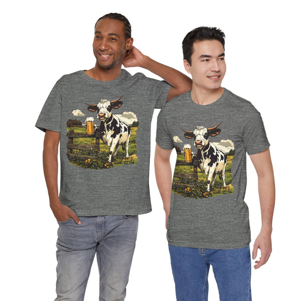 Unisex Jersey Short Sleeve Tee - Cow Sipping Beer on the Farm