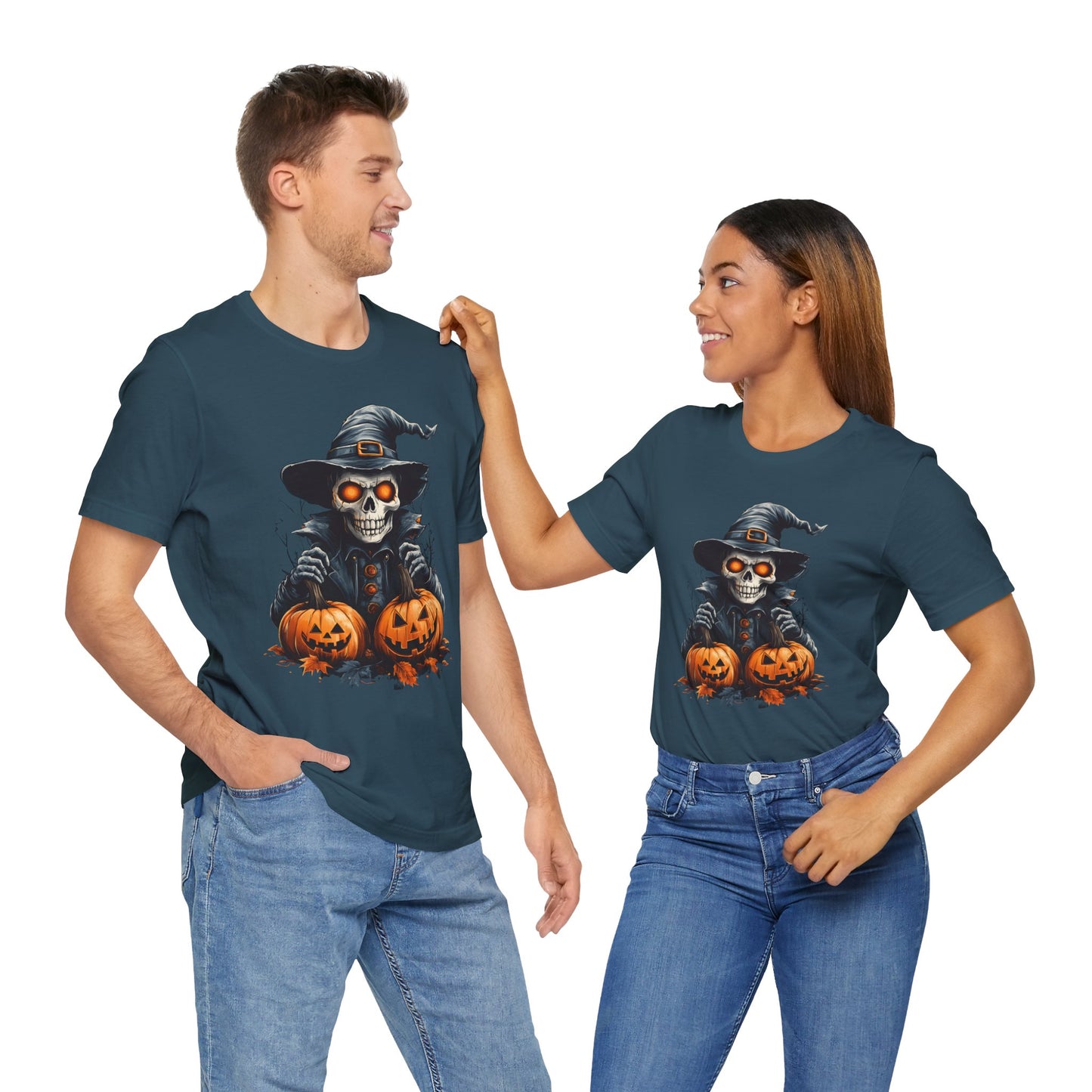 Unisex 100% Cotton High Definition T-Shirt - Halloween Skull With Pumpkins