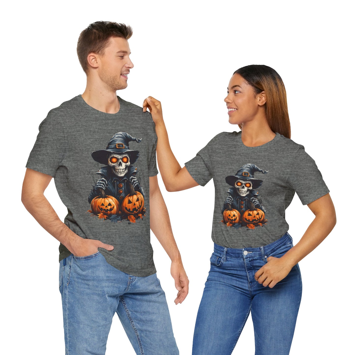 Unisex 100% Cotton High Definition T-Shirt - Halloween Skull With Pumpkins