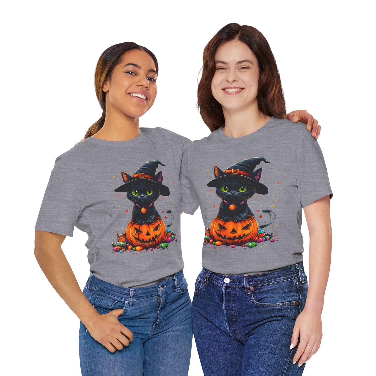 Unisex Short Sleeve 100% Cotton High Definition T-Shirt - Halloween Cat in Pumpkin