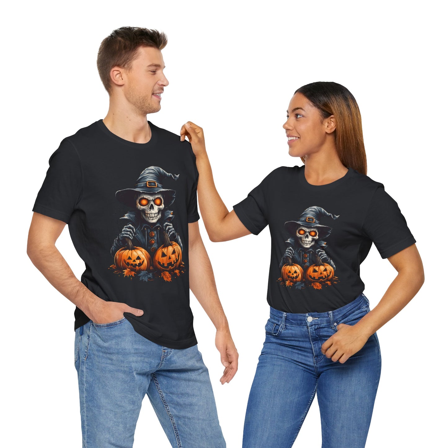 Unisex 100% Cotton High Definition T-Shirt - Halloween Skull With Pumpkins