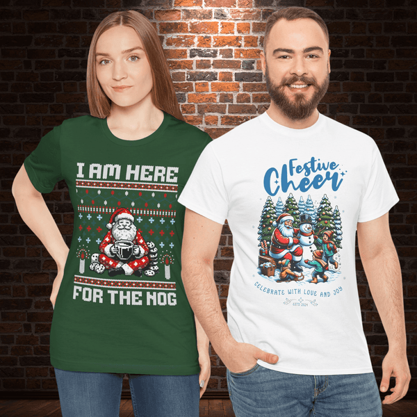 Super Pack of 2 Unisex T-Shirts 100% Cotton in High Definition - Festive Cheer + I am Here For The Nog