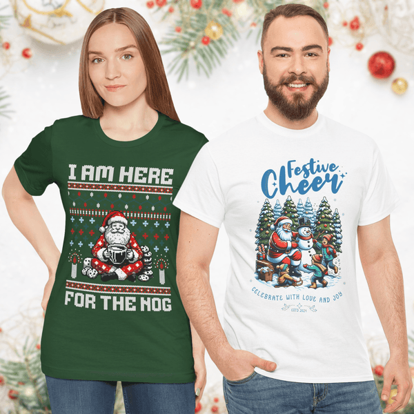 Super Pack of 2 Unisex T-Shirts 100% Cotton in High Definition - Festive Cheer + I am Here For The Nog